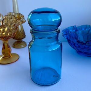 Vintage 70’s Aqua Blue Glass Apothecary Jar Bubble Top Lid Made in Belgium 7”